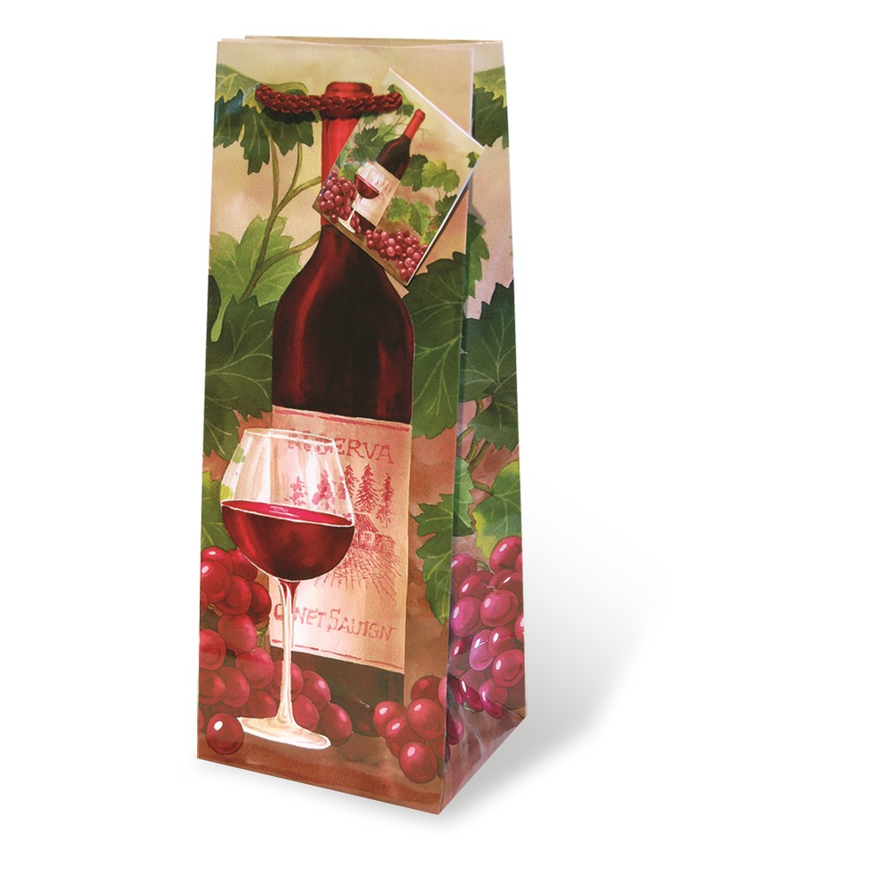 Printed Paper Wine Bottle Bag  - Red Wine and Grapes
