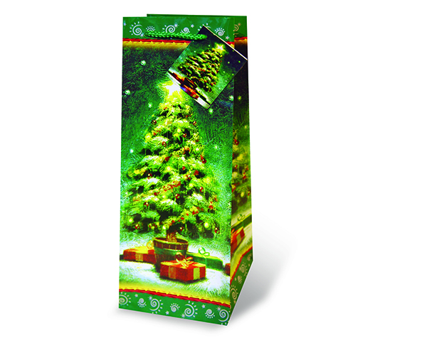 Printed Paper Wine Bottle Bag  - Christmas Tree