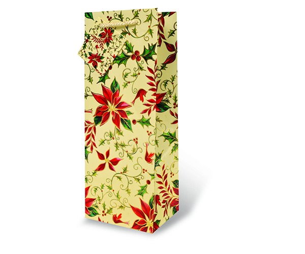 Printed Paper Wine Bottle Bag  - White Holly & Poinsettia