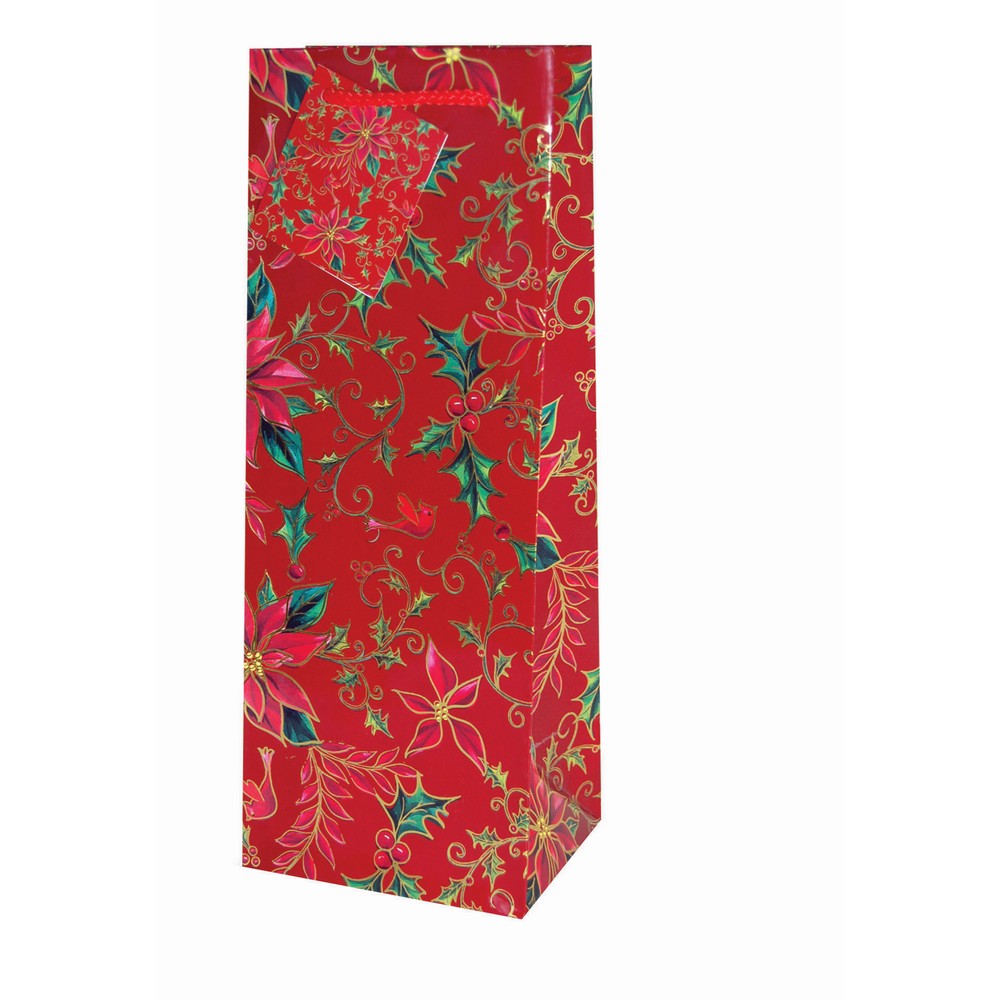 Printed Paper Wine Bottle Bag  - Red Holly & Poinsettia