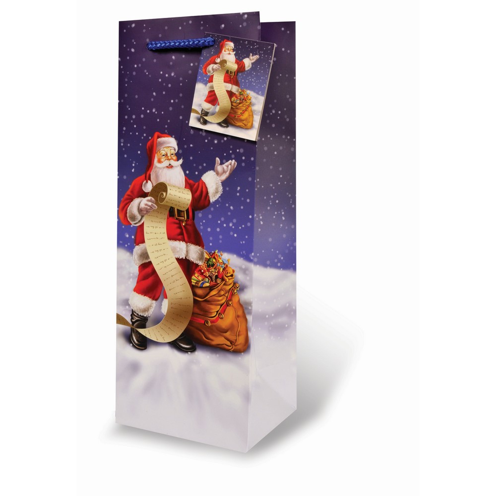 Printed Paper Wine Bottle Bag Santa's List