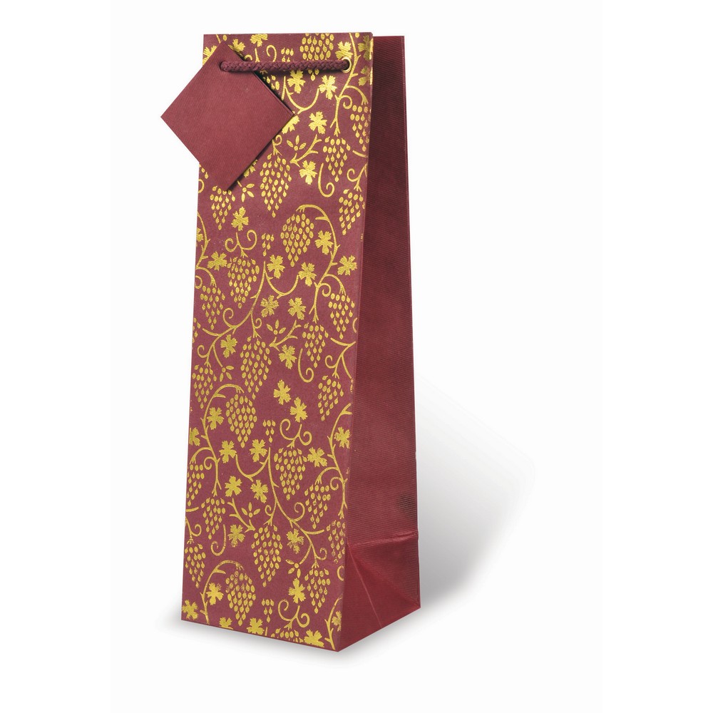 Handmade Paper Wine Bottle Bag  - Gold and Burgundy Grape Floral