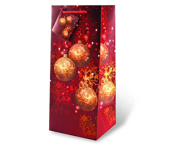 Printed Paper Wine Bottle Bag  - Festive Holidays Red