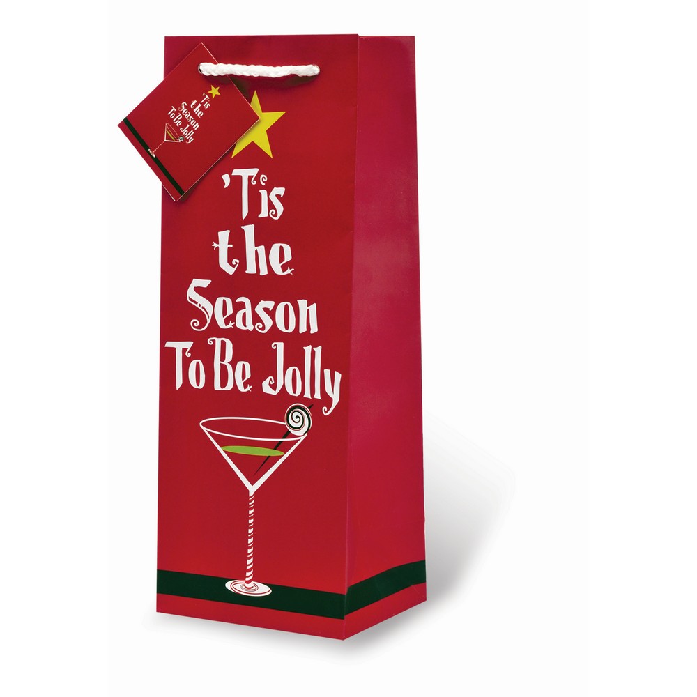 Printed Paper Wine Bottle Bag  - Tis The Season to Be Jolly