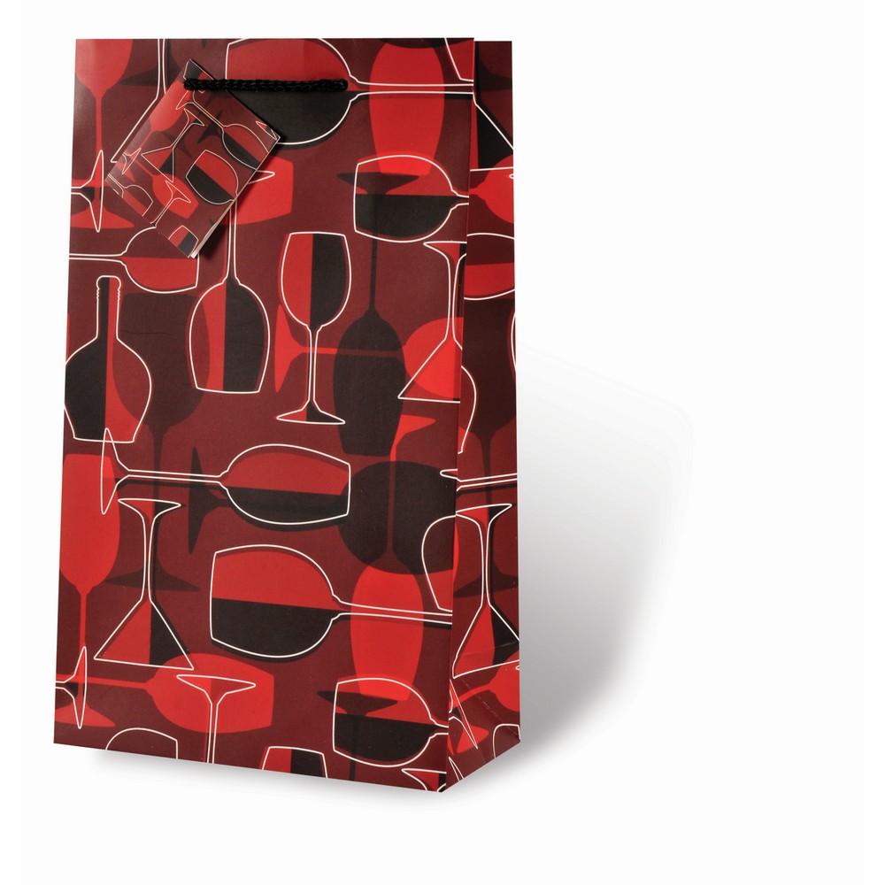 2 Bottle Printed Paper Wine Bottle Bag  - Crimson Glasses
