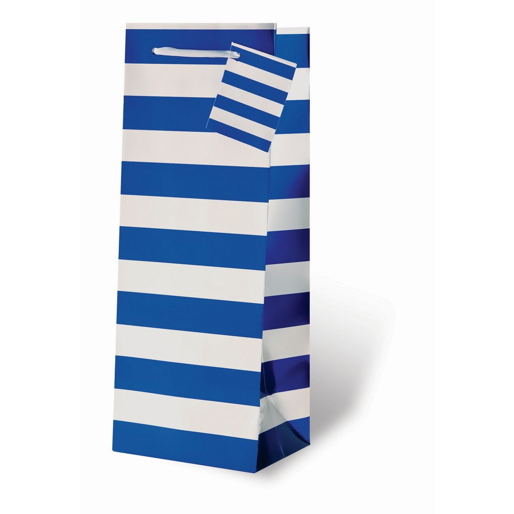 Printed Paper Wine Bottle Bag  - Blue and Silver Stripes