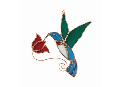 Stained Glass Hummingbird with Red Flower Suncatcher
