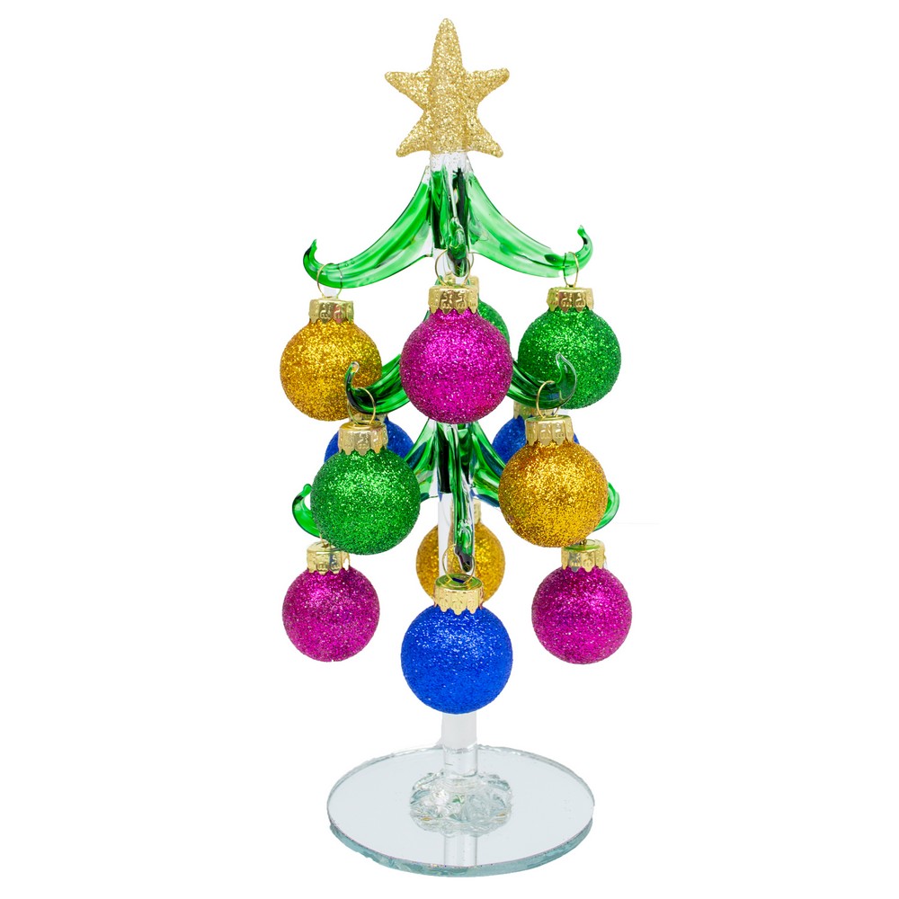 Green Glass Tree 8 inch with Glitter Jewel Tone Ornaments