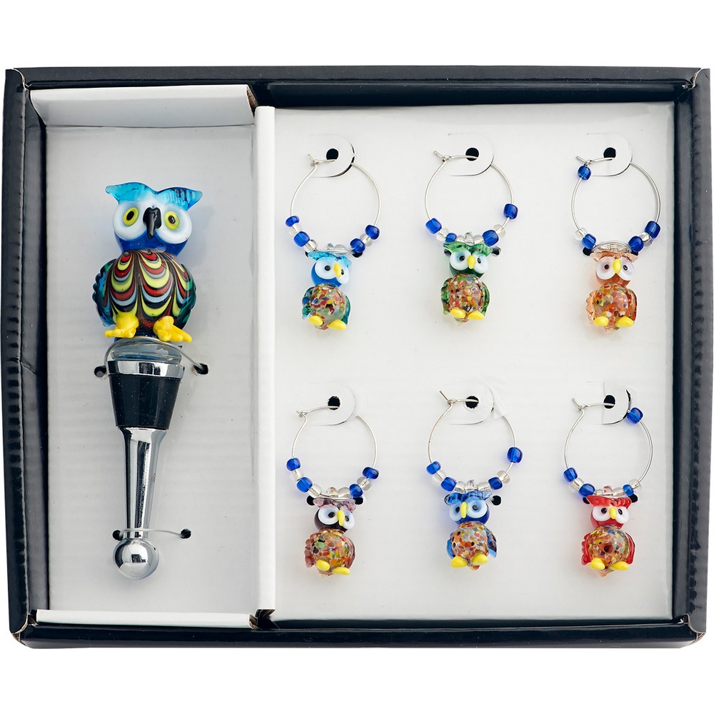 Owl Stopper and Wine Charm Set