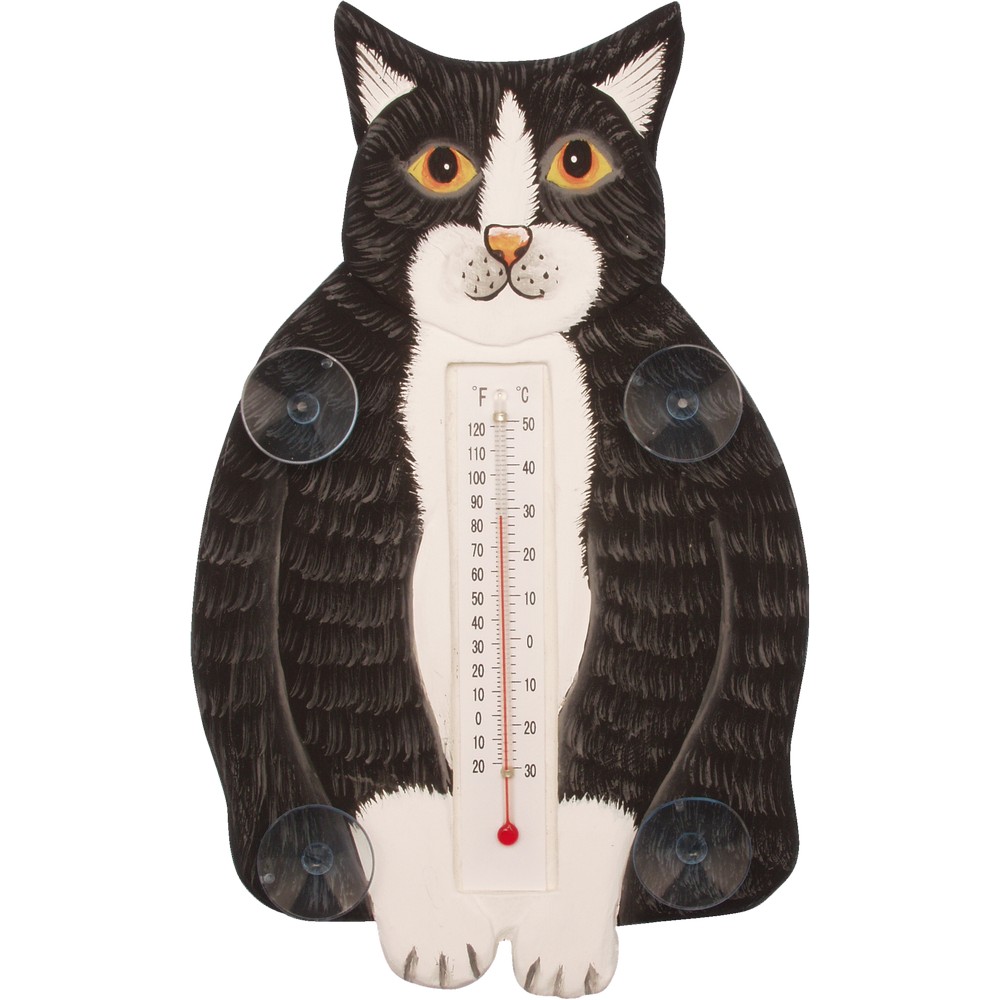 Fat Black & White Cat Small Window Thermometer
