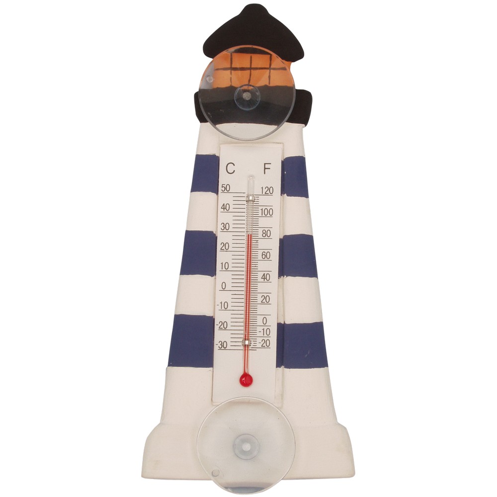 Blue & White Striped Lighthouse Small Window Thermometer