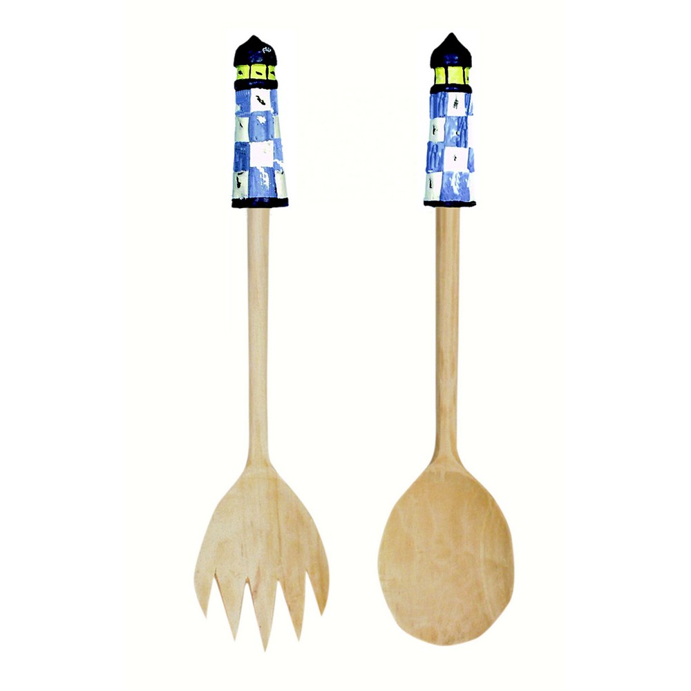 Blue White Checkered Lighthouse Salad Server  Set