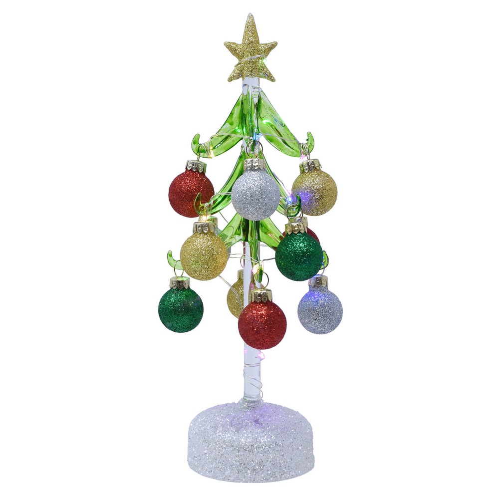 Green Glass LED Tree 10 inch with Traditional Ornaments