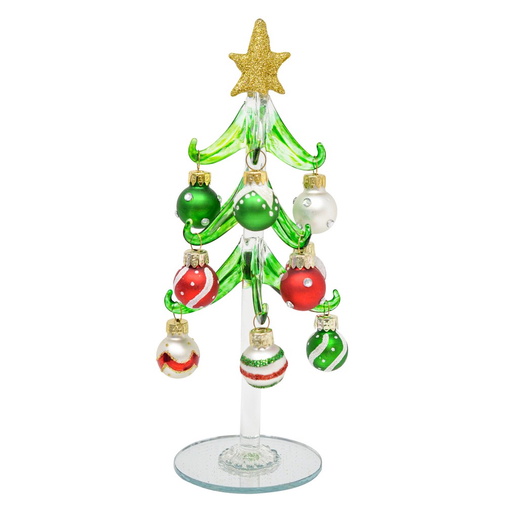Green Glass Tree 8 inch with Red, Green and White Ornaments