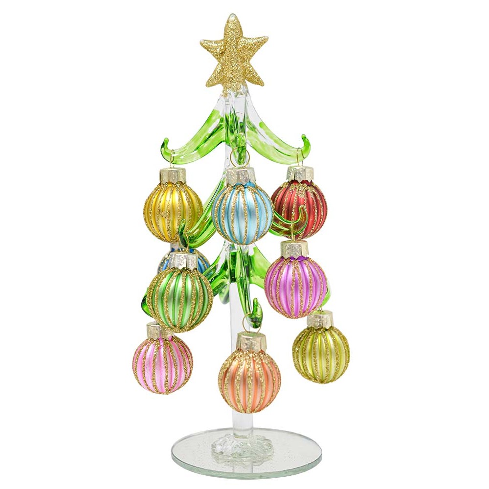 Green Glass 8 inch Tree with Pastel Ridged Ornaments
