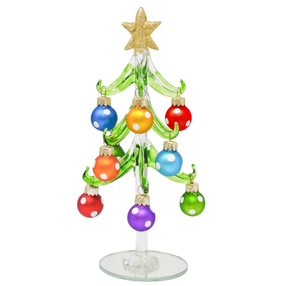 Green Glass Tree 8 inch with Colorful Polka Dot Ornaments