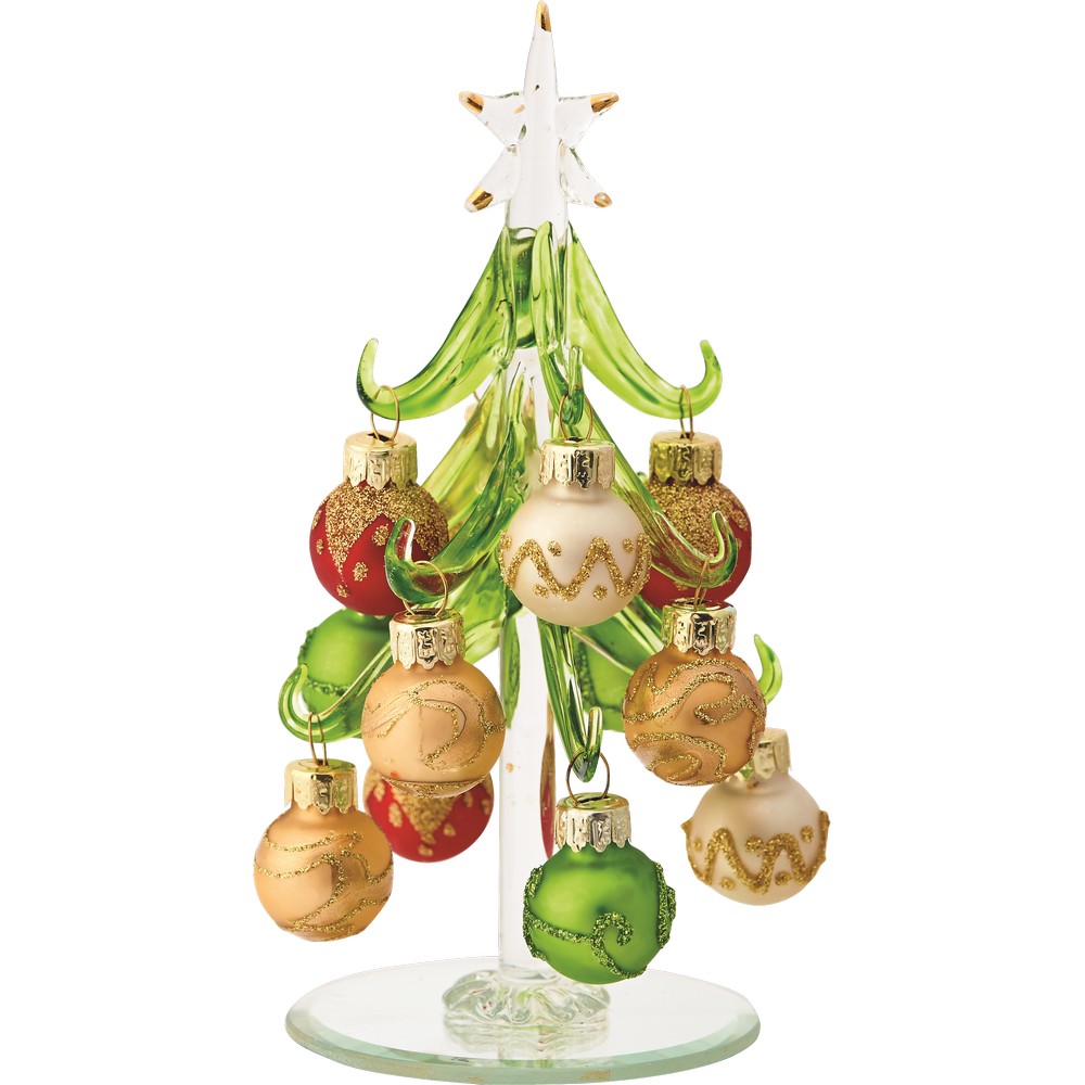 Green Glass Tree 6 Inch with Gold Ornaments