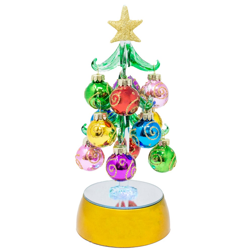 Green Glass LED Tree 8 inch with Swirl Ornaments
